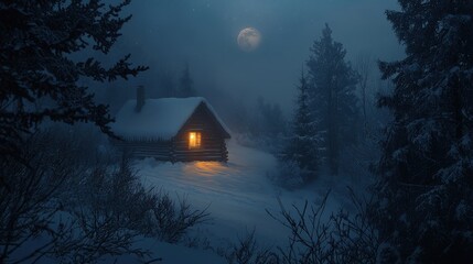 A cozy log cabin bathed in moonlight on a snowy night.