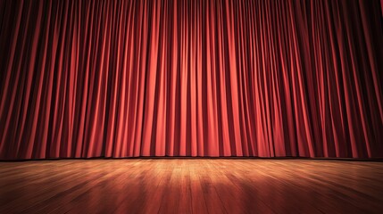 Elegant Red Velvet Curtain on Stage with Smooth Wooden Floor Ready for Performance Opening