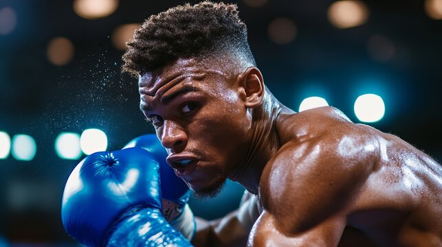 Intense Close-Up of Boxer in Ring with Gloves Holding Defensive Stance Against Challenging Opponent - Powered by Adobe