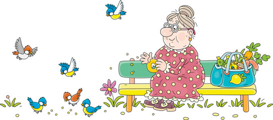 Funny granny sitting on a bench after shopping and feeding with bread crumbs small birds flying in a park, vector cartoon illustration on a white background
