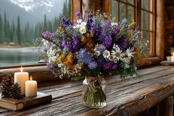 Purple and yellow flowers in mason jar high resolution image