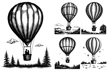 Obraz premium Silhouettes of couples in love on hot air balloons in black and white