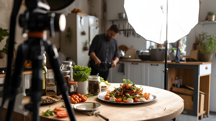 Food Photographer Prepares to Shoot Tomato and Mozzarella Salad in Bright Kitchen Studio