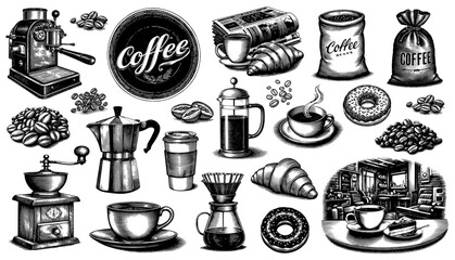 Collection of coffee-themed items in a vintage engraving style in monochrome