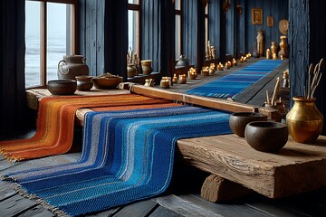 Rainbow textile on classic wooden loom high resolution image