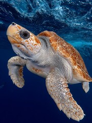 Obraz premium the image shows a marine reptile swimming in the ocean. the animal has a tan colored shell and light underside, and its flippers are scaly and robust