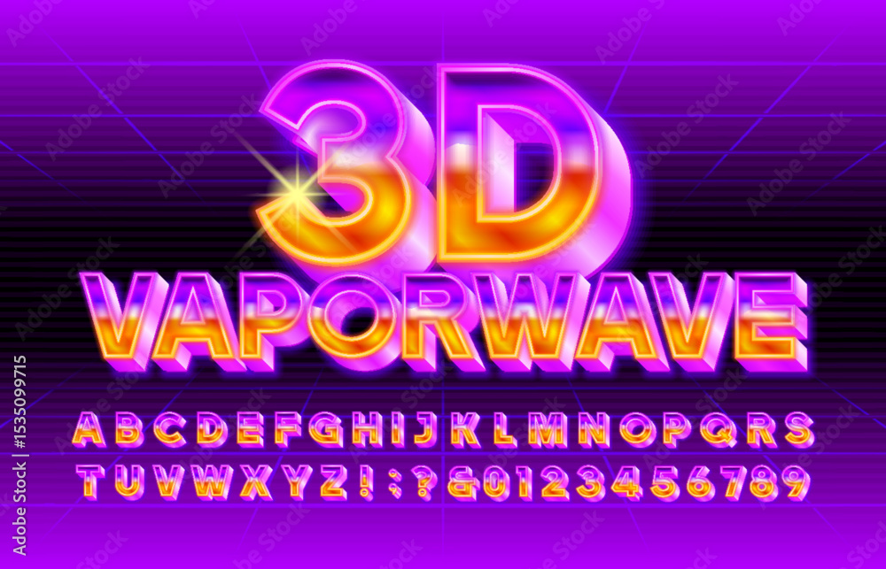 Fototapete 3d vaporwave alphabet font. bright neon 80s style letters and numbers. abstract polygonal background