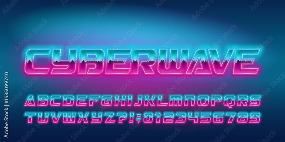 Fototapete cyberwave alphabet font. glowing neon 80s style letters and numbers. stock vector typeface for your 