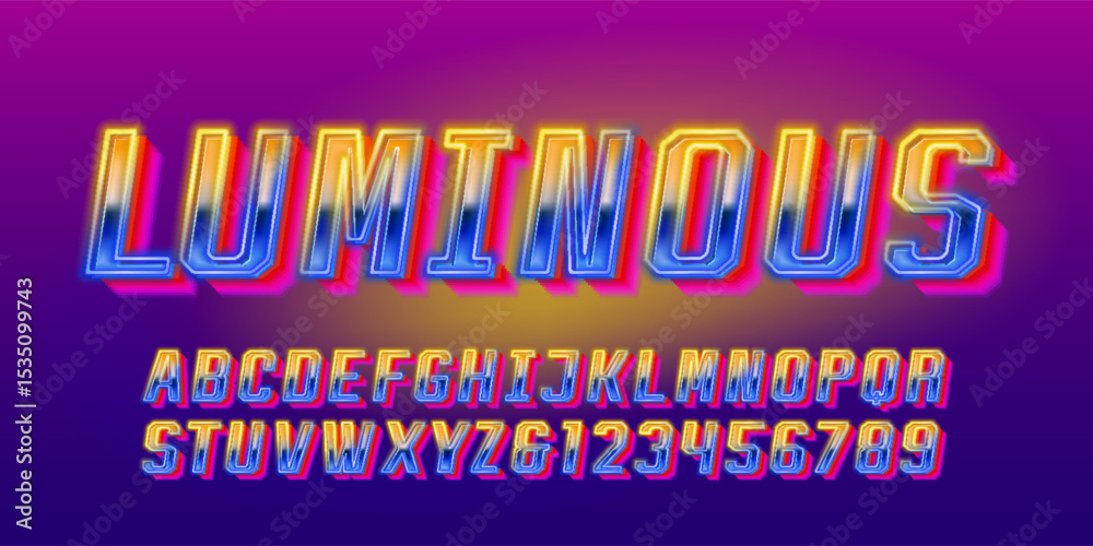 Fototapete luminous alphabet font. glowing neon 80s style letters and numbers. stock vector typeface for your d