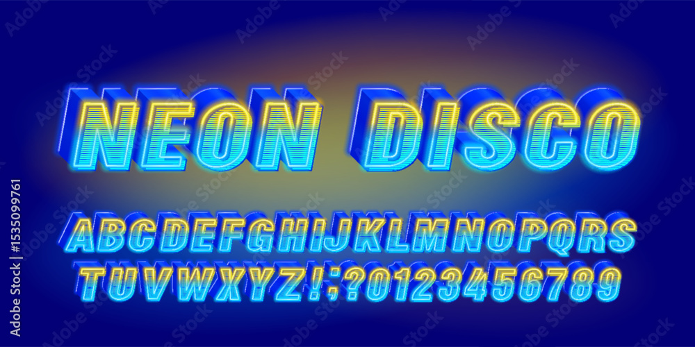 Fototapete neon disco alphabet font. 3d neon 80s style letters and numbers. abstract polygonal background. stoc