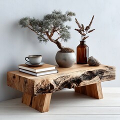 Raw edge table with ceramic plant vases