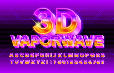 3D Vaporwave alphabet font. Bright neon 80s style letters and numbers. Abstract polygonal background. Stock vector typeface for your design.
