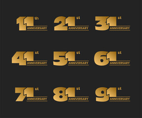 Set of anniversary logo design on black. From 11 to 91. Stock vector illustration for celebration event, greeting card, invitation etc. 