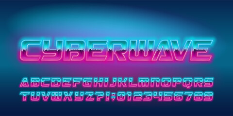 Cyberwave alphabet font. Glowing neon 80s style letters and numbers. Stock vector typeface for your design.