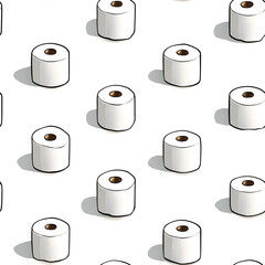 Seamless pattern of toilet paper rolls with black outline on white background. Cartoon-style repeating design with soft shadows and minimal clean look