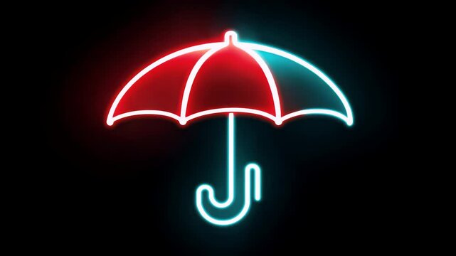 A cyan red neon umbrella icon materializes pulses black symbolizing weather protection insurance rendered sharp K promos UI elements rainy day graphic intros