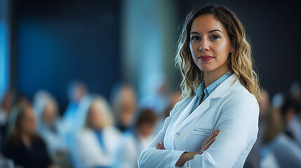 Confident Female Professional in White Coat at Conference