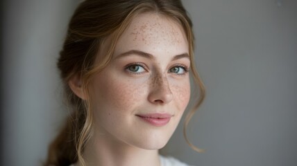 Close-up portrait of a person with freckles and soft lighting