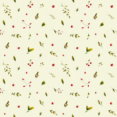 Watercolor pattern of berries and leves on beigebackground. Hand drawn watercolor berries. Design for paper, background, menu, poster, textile, wallpaper, business cards.