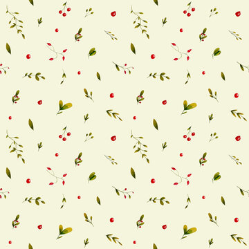 Watercolor pattern of berries and leves on beigebackground. Hand drawn watercolor berries. Design for paper, background, menu, poster, textile, wallpaper, business cards.