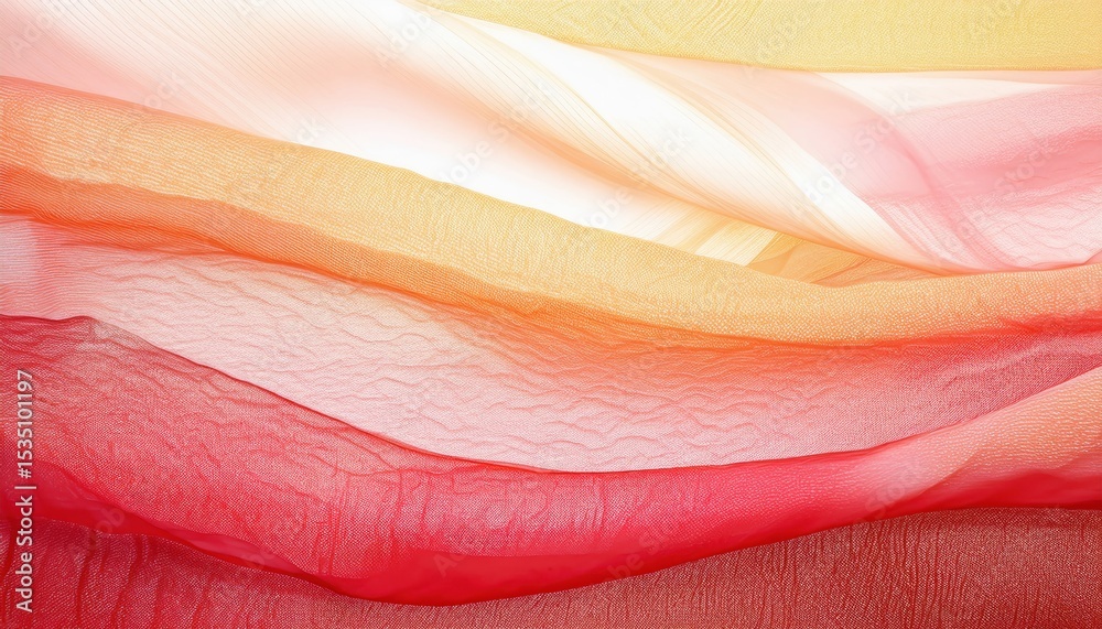 Aufkleber soft layered mesh fabric in flowing red, yellow, and peach tones with translucent texture, ideal for web design, textile branding, print background, or packaging

