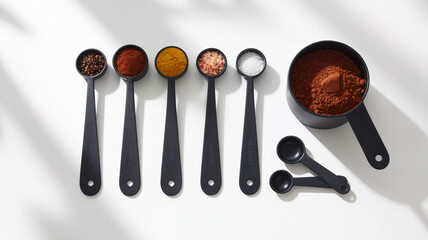 Flat lay of black measuring spoons and cup with coffee, cocoa, and spices on white background in minimalist style

