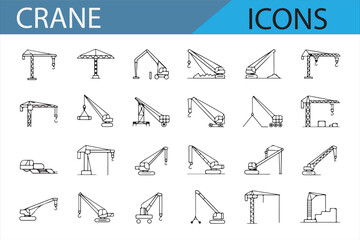 Line art icons of cranes, excavators, and other heavy machinery for use in construction designs