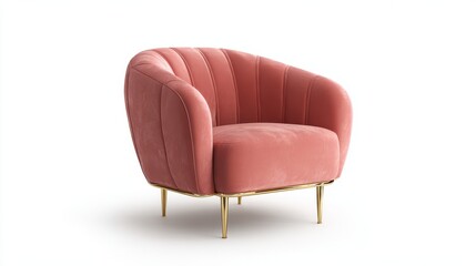 Stunning photo of elegant coral armchair with sleek design and gold accents on a white background for modern living room.
