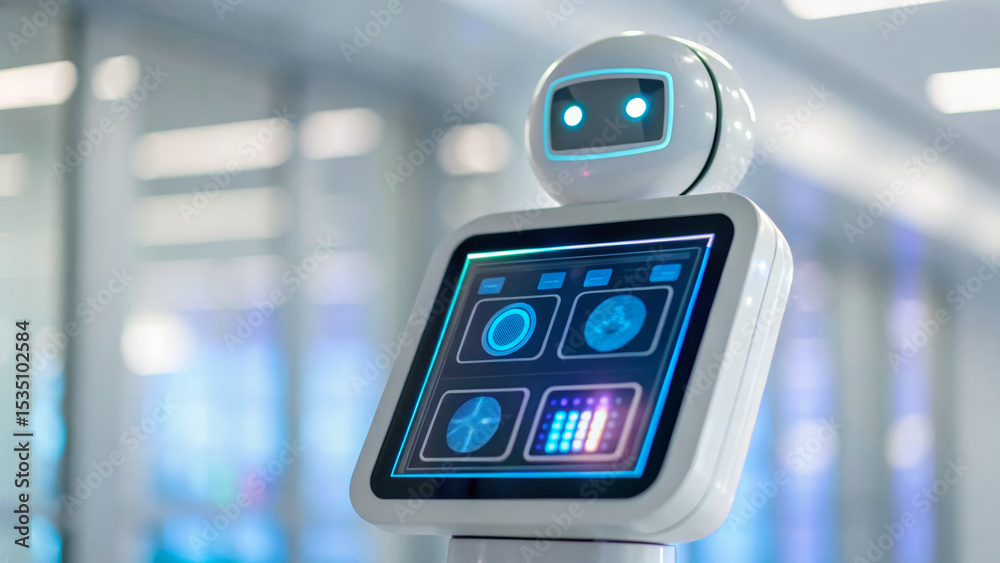 Poster ai chatbot for healthcare support. modern robot with touchscreen interface in a futuristic environme