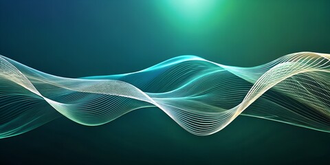 Sophisticated abstract image, undulating lines and ethereal shapes float on a dark blue, deep green, and bright white gradient background