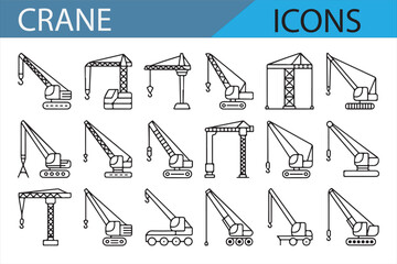 A set of crane and construction machinery icons, perfect for industrial, engineering, and construction projects