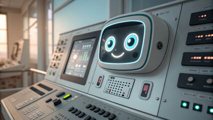 AI chatbot for healthcare support. Friendly robot on a futuristic control panel in a bright environment. AI for customer service.