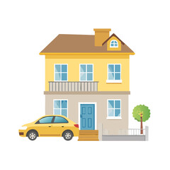 Two-Story Suburban House with Yellow Car. Family Home and Real Estate Vector Illustration.