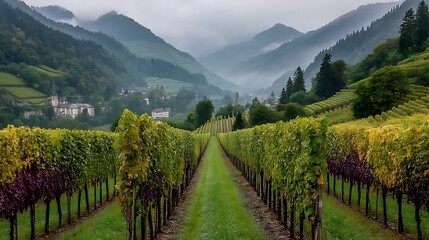 the image showcases a valley lined with rows of cultivated plants that lead the eye towards mountains shrouded in mist