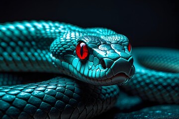 A turquoise snake in close-up, its scaly skin glistening in the dim light, piercing red eyes that seem to burn like coals.
