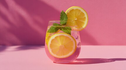 Stunning photo of refreshing pink lemonade with lemon slice and mint on pink background in bright sunlight.