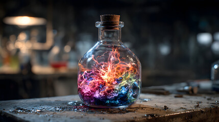 A bubbling flask with colorful chemical reactions and occasional sparks or flashes inside a dark lab