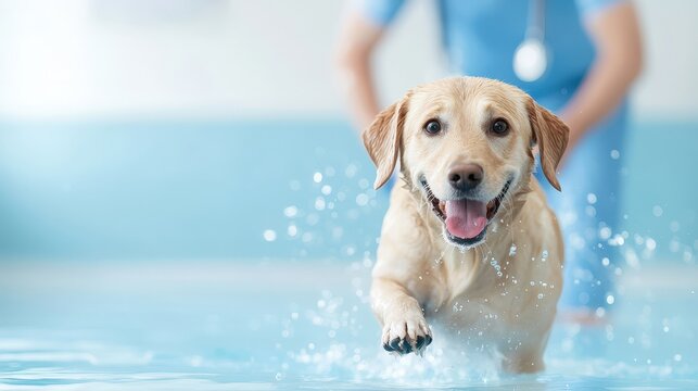 A dog is running in a pool with a person watching
