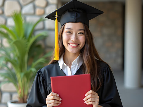a woman in graduation gown and mortarboard cap, smiling and holding a red folder, outdoor setting with brick wall background, photorealistic, highly detailed, 8k, cinematic