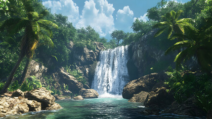 Waterfall Paradise Cascade Lush Green Tropical Scenery Rocks Palm Trees Blue Sky Tranquil Exotic Destination