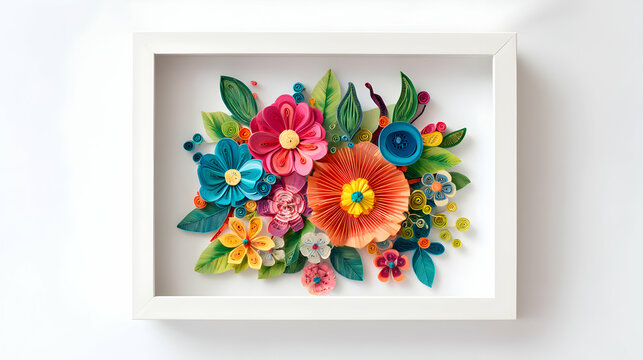 Quilling Floral Art Framed, Colorful Paper Flowers Handmade Craft in White Frame, Decorative Blooming Art for Wall Decor