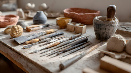 Pottery Tools Sculpting Set Still Life on Workbench Clay Crafting Art Ceramic Tools