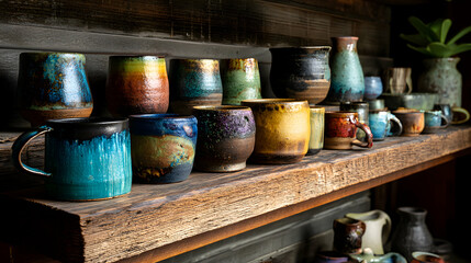 Handcrafted Pottery Collection on Rustic Wooden Shelf Artistic Ceramic Mugs and Vases Earthy Tones Unique Glazes Home Decor