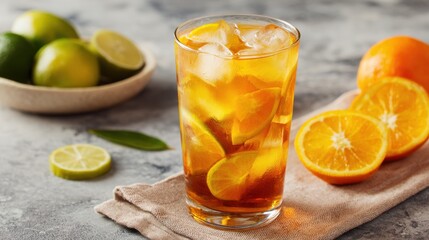 Stunning photo of iced yuzu tea with citrus. A glass of fruit tea featuring sliced oranges.