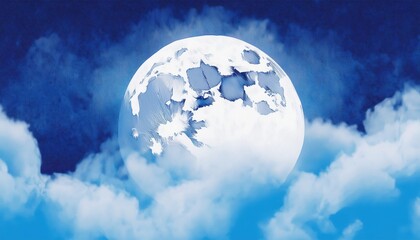 dreamlike full moon above soft clouds in vivid blue sky with crater textures, ideal for fantasy poster, album cover, or surreal web background

