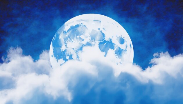 dreamlike full moon above soft clouds in vivid blue sky with crater textures, ideal for fantasy poster, album cover, or surreal web background

