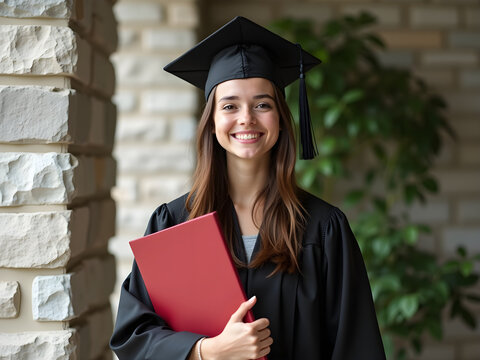 a woman in graduation gown and mortarboard cap, smiling and holding a red folder, outdoor setting with brick wall background, photorealistic, highly detailed, 8k, cinematic