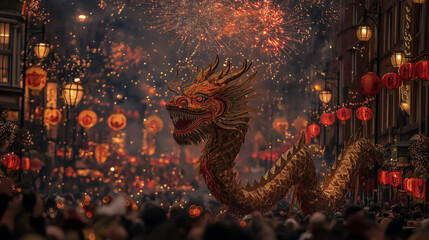 Obraz premium Lively Lunar New Year Parade with Dragon Dance and Fireworks in China