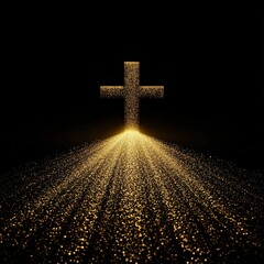 A gold cross is falling from the sky, with a stream of gold dust surrounding it