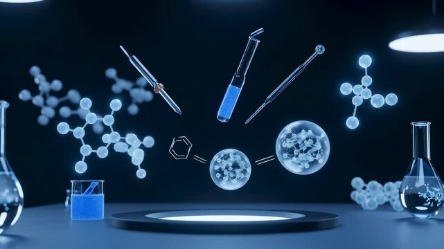 Futuristic virtual science lab with glowing molecular structures, lab equipment, and chemical vials suspended in mid-air, set against a dark background with a blue technological glow.